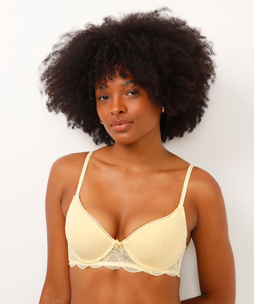 sutiã meia taça com tule e renda amarelo
