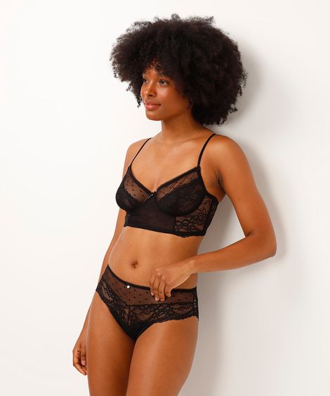 calcinha caleçon de tule poá e renda floral preta