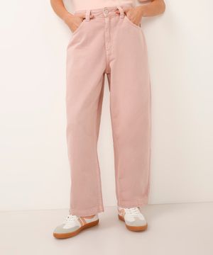 calça barrel de sarja cintura média rosa