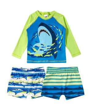 Conjunto Praia Infantil Camiseta e 2 Sungas Shark Verde Neon Tip Top