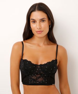 sutiã cropped meia taça rendado com strass floral preto