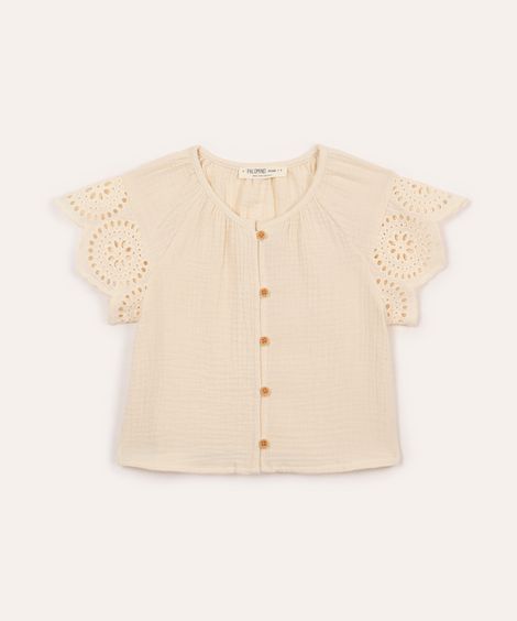 camisa de algodão infantil com laise floral bege