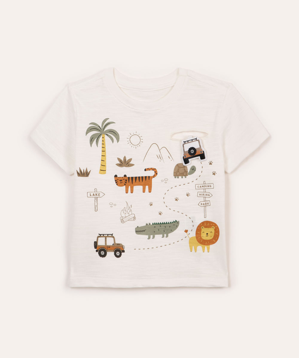 camiseta infantil de algodão bichos com bolso off white