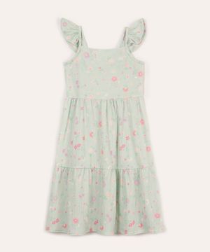 vestido infantil floral com babado verde