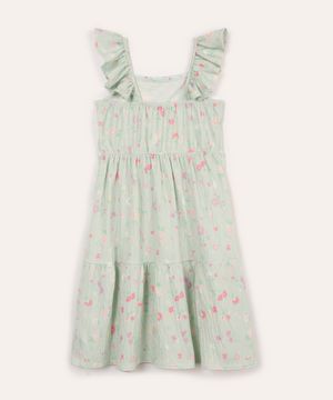 vestido infantil floral com babado verde