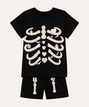 pijama curto esqueleto brilha no escuro infantil preto