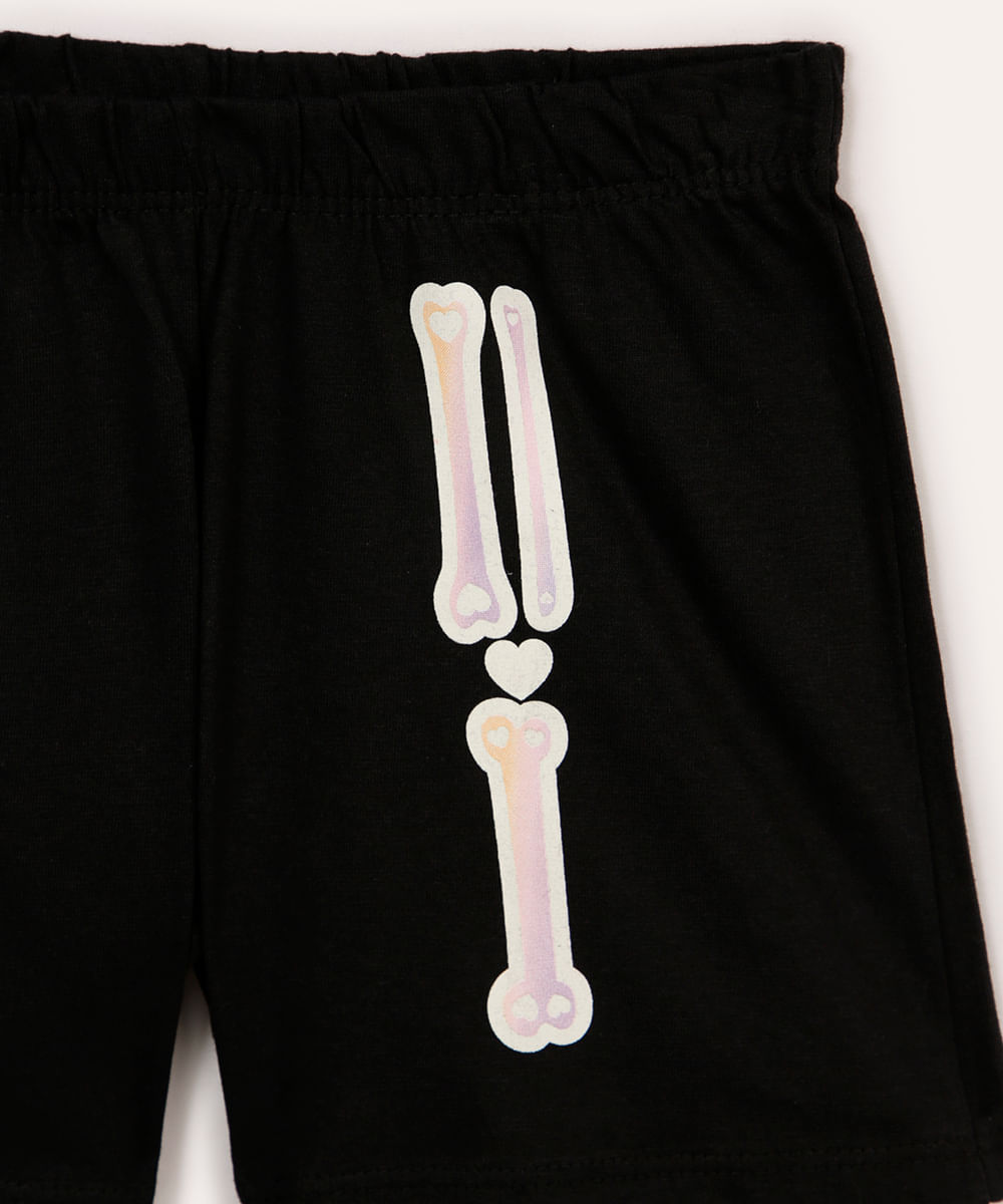 pijama curto esqueleto brilha no escuro infantil preto
