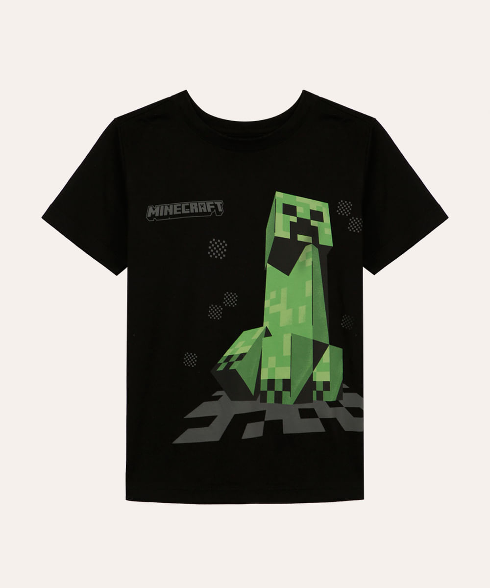 camiseta de algodão infantil manga curta minecraft preta