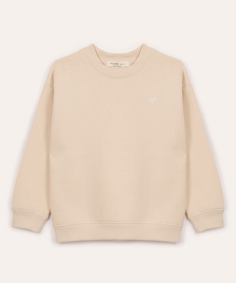 blusão oversized de moletom infantil coração bege
