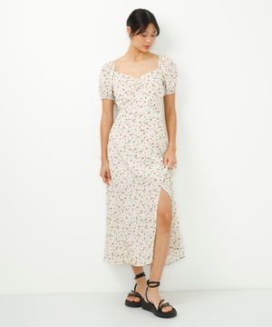 vestido midi manga bufante floral branco