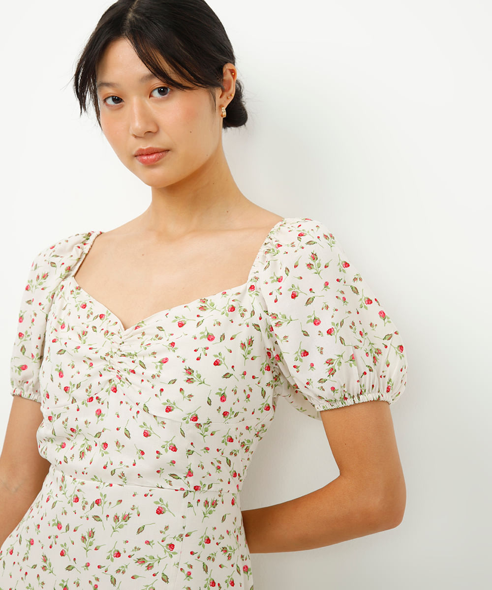 vestido midi manga bufante floral branco