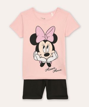 conjunto curto infantil de algodão minnie com glitter rosa