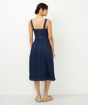 vestido midi jeans evasê alça fina azul