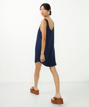 vestido curto de viscose decote redondo  azul marinho