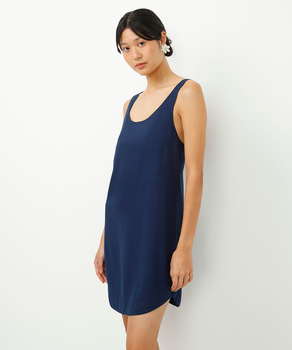 vestido curto de viscose decote redondo  azul marinho