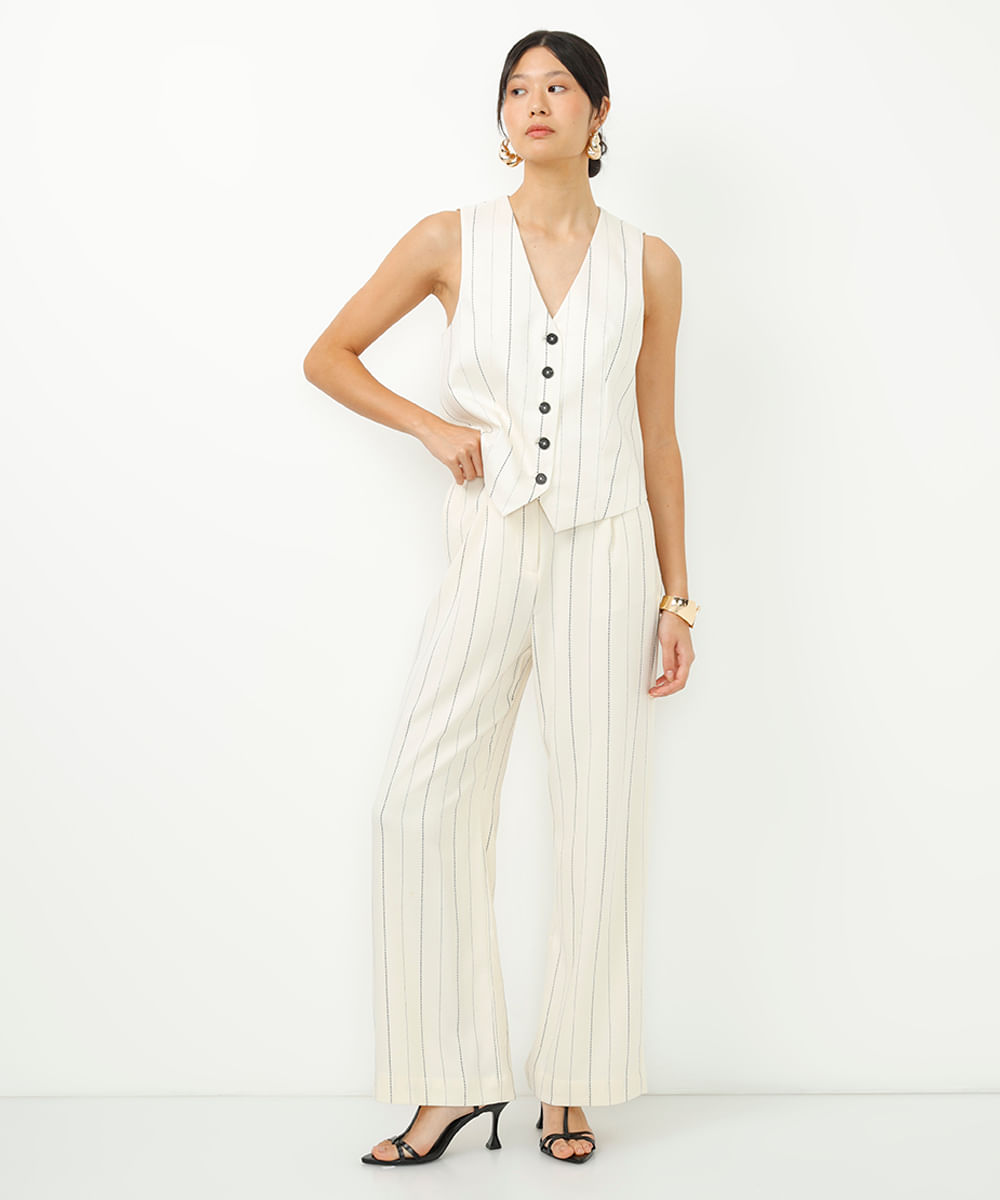 colete alongado de alfaiataria risca de giz off white