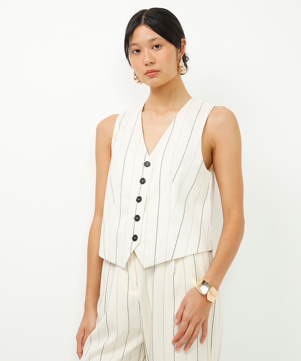 colete alongado de alfaiataria risca de giz off white