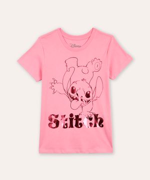 camiseta de algodão juvenil stitch metalizada rosa