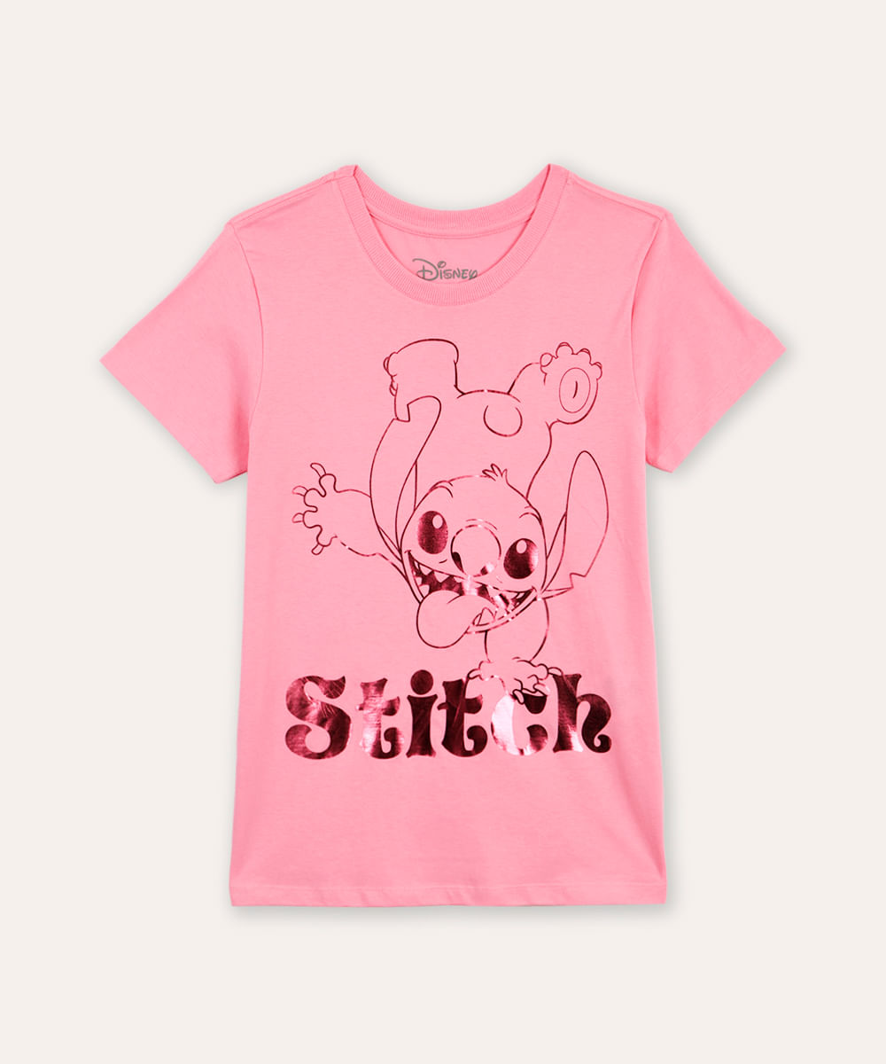 camiseta de algodão juvenil stitch metalizada rosa