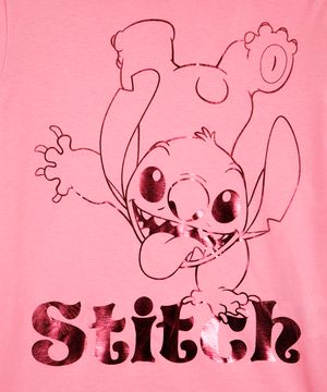 camiseta de algodão juvenil stitch metalizada rosa