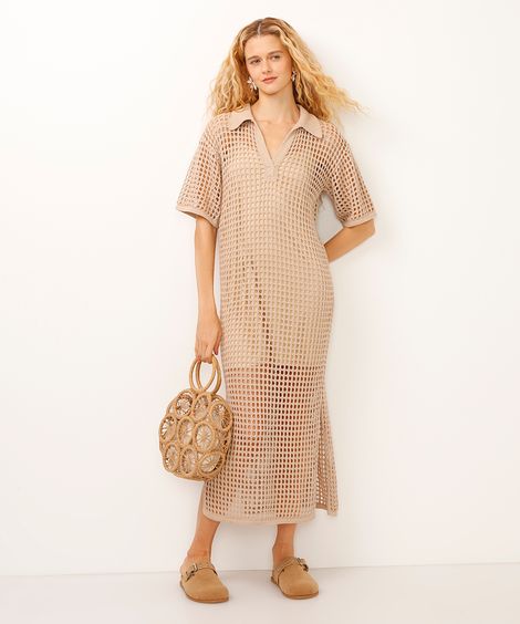 vestido midi de tricot gola polo bege