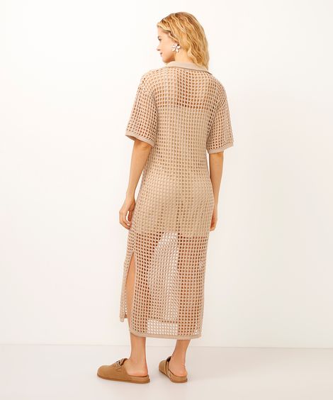 vestido midi de tricot gola polo bege