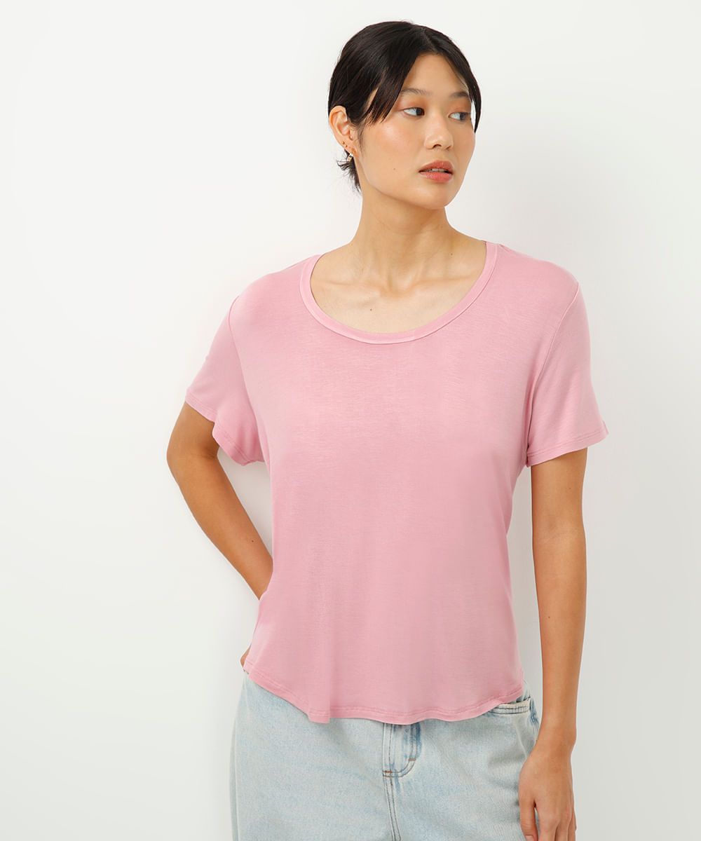 blusa de viscose básica manga curta rosa
