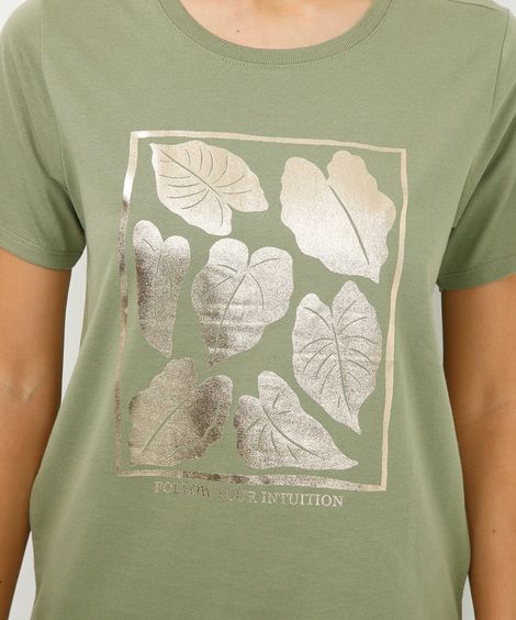 camiseta de algodão manga curta folhagem metalizada verde