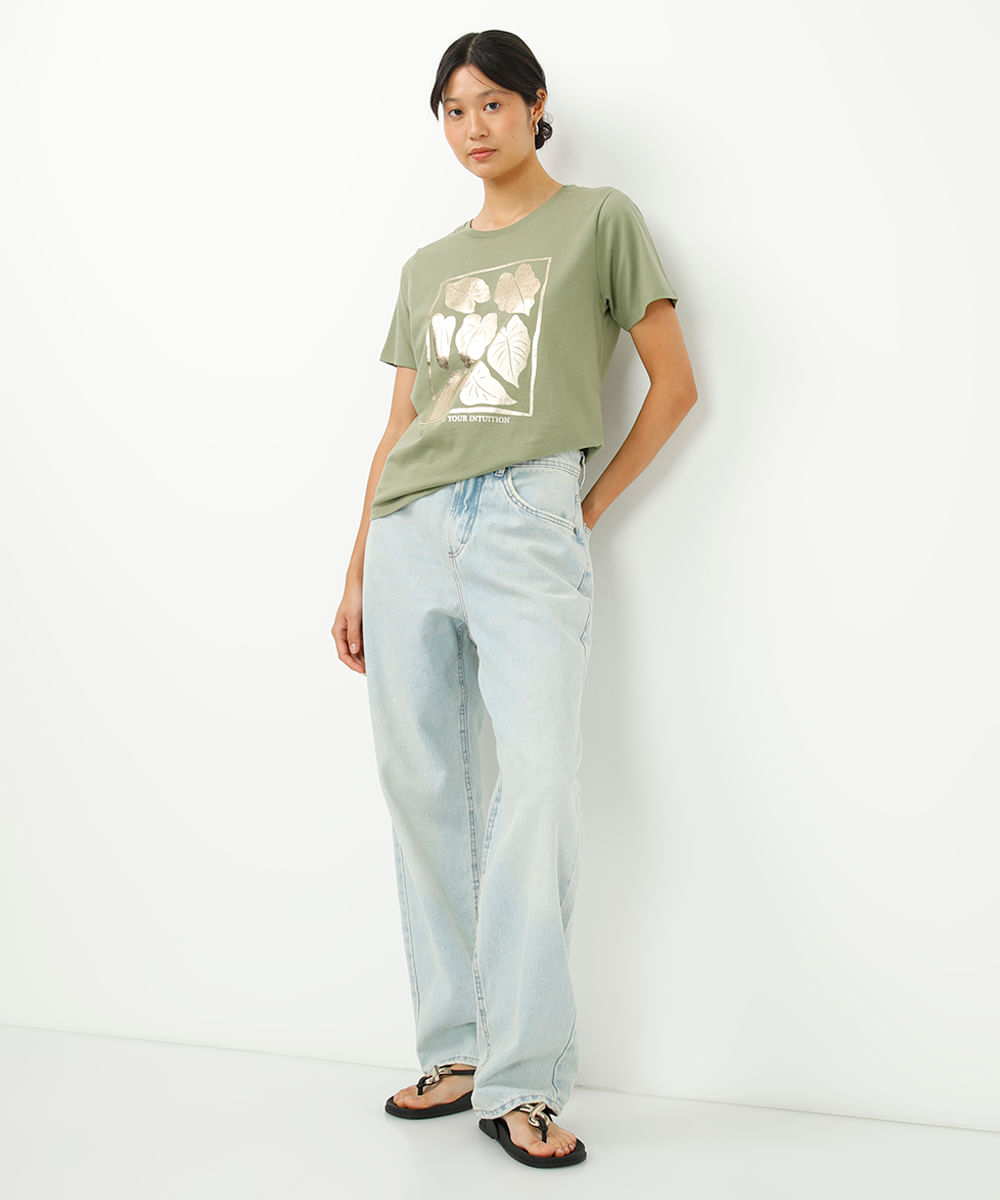 camiseta de algodão manga curta folhagem metalizada verde