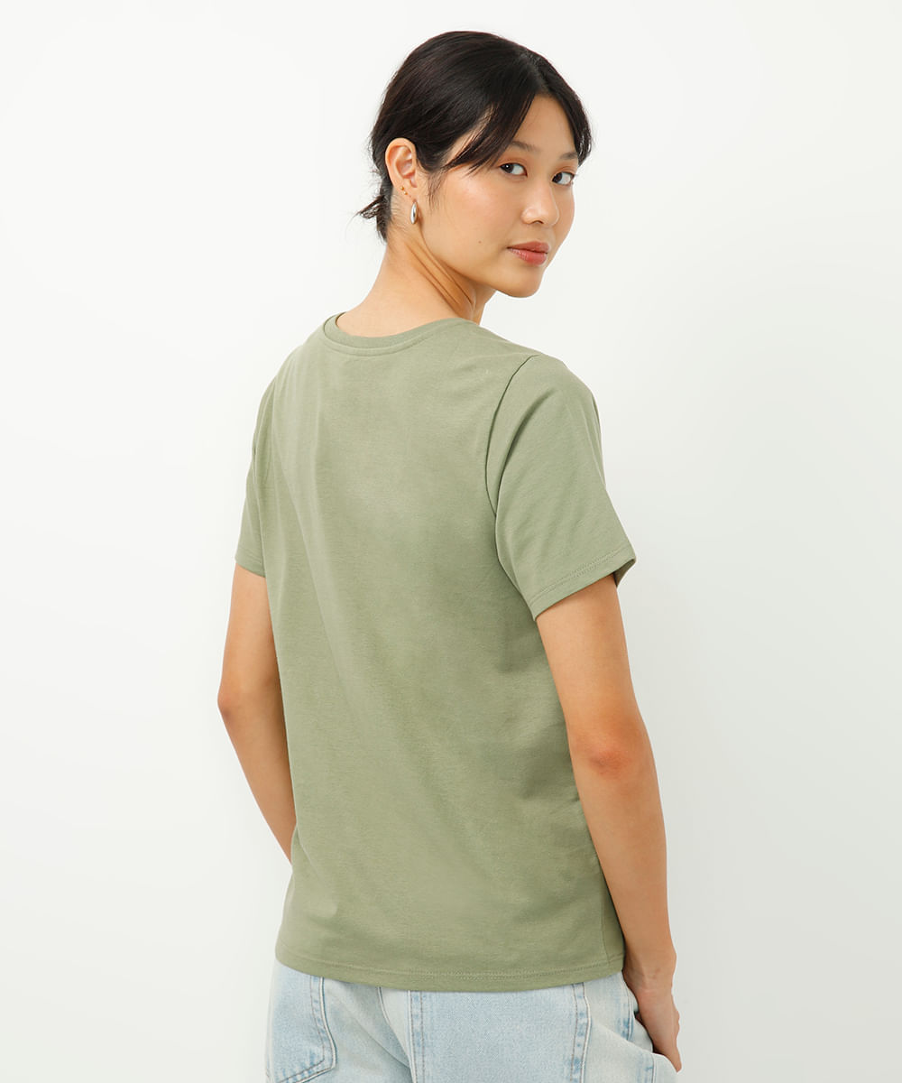 camiseta de algodão manga curta folhagem metalizada verde