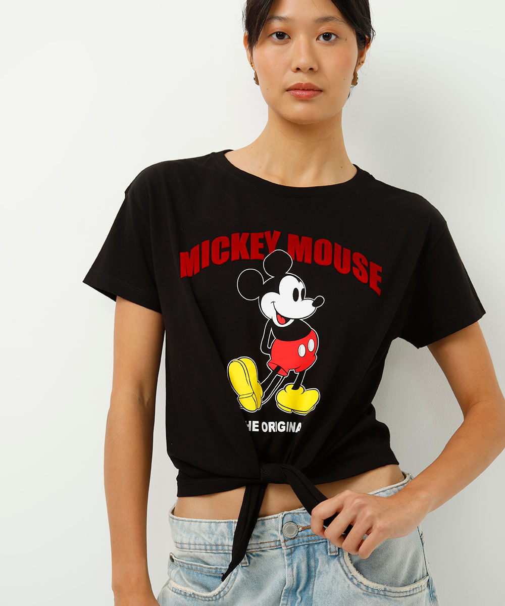 camiseta de algodão com amarração mickey preta