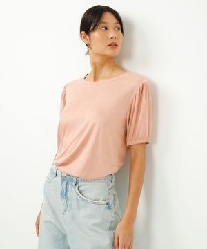 blusa de suede decote redondo manga bufante rosa