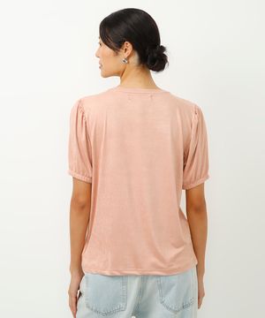 blusa de suede decote redondo manga bufante rosa