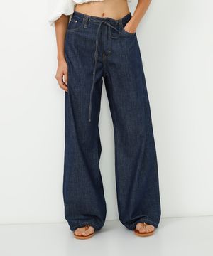 calça reta jeans cintura ajustável azul