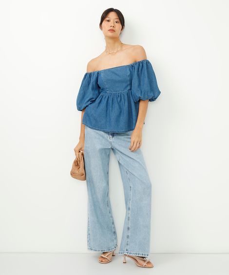 calça wide leg jeans relaxed cintura média azul