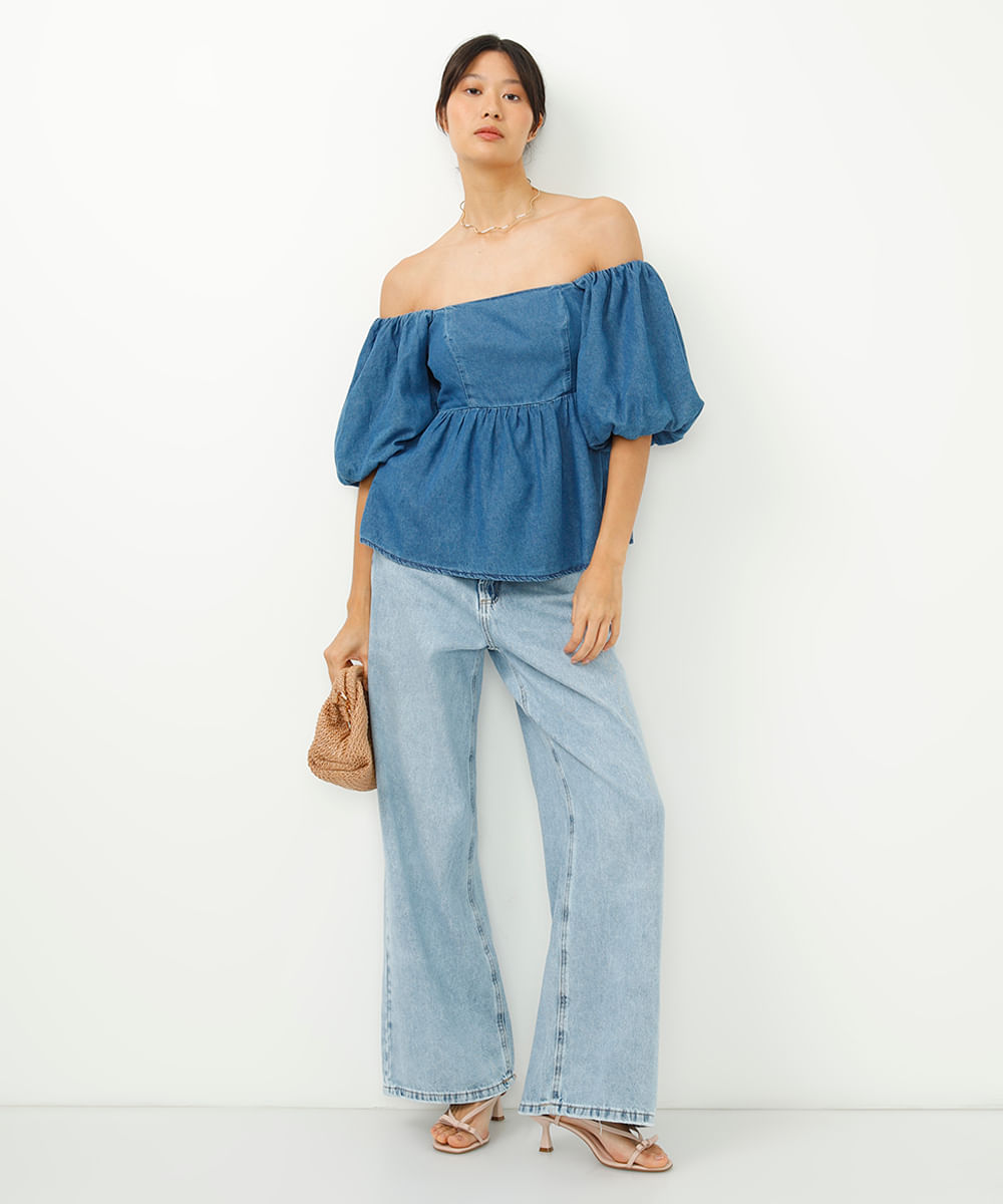 calça wide leg jeans relaxed cintura média azul