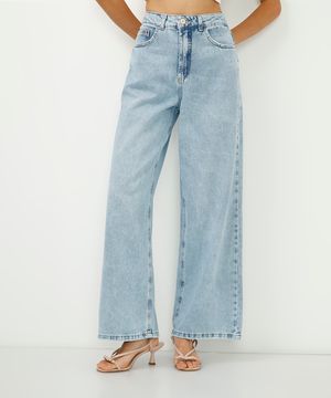 calça wide leg jeans relaxed cintura média azul