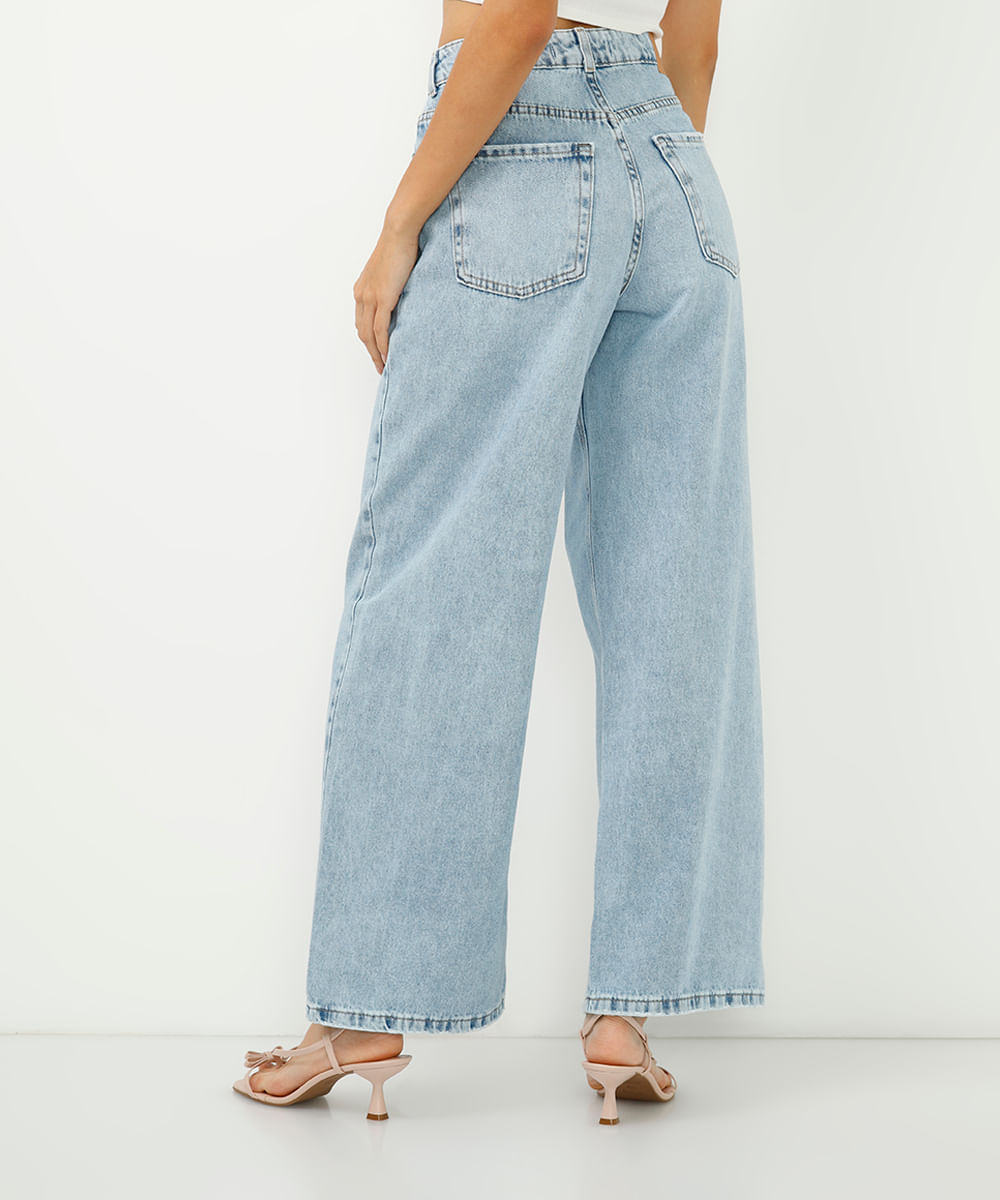 calça wide leg jeans relaxed cintura média azul