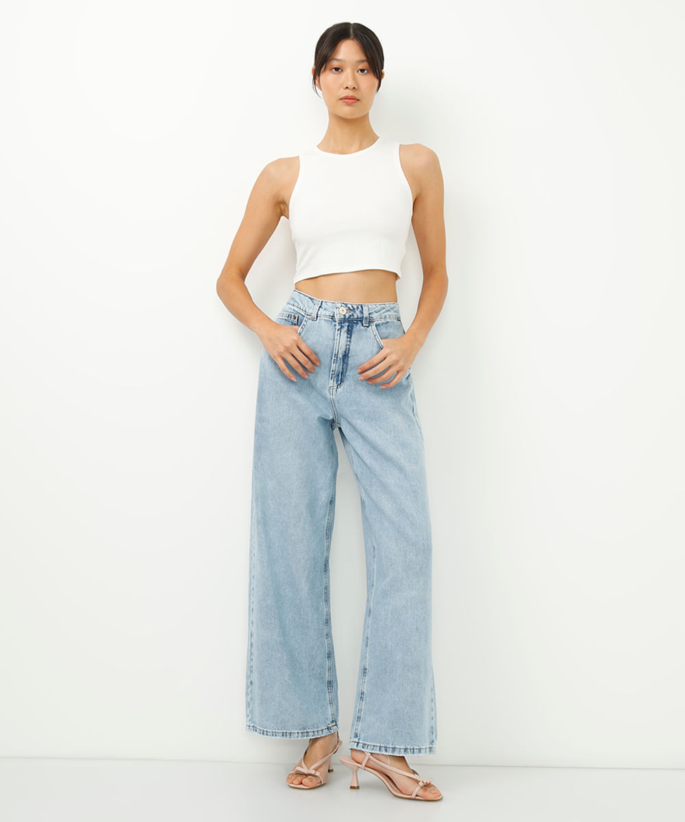 calça wide leg jeans relaxed cintura média azul