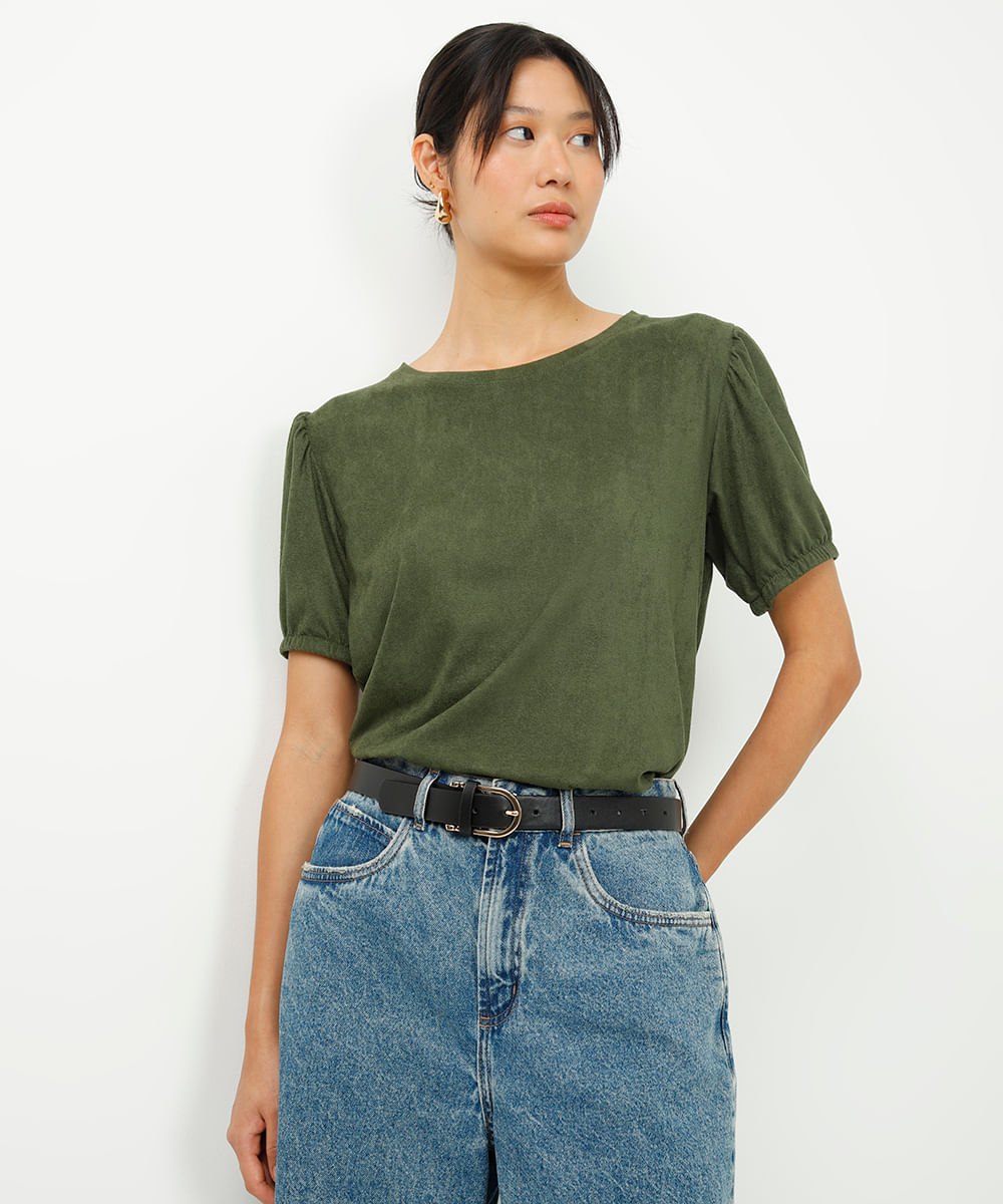 blusa de suede decote redondo manga bufante verde