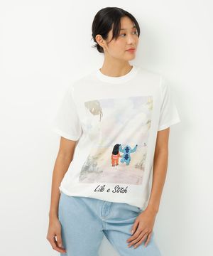 camiseta de algodão manga curta lilo e stitch off white