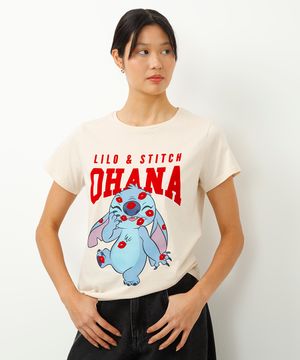 camiseta de algodão manga curta lilo e stitch bege