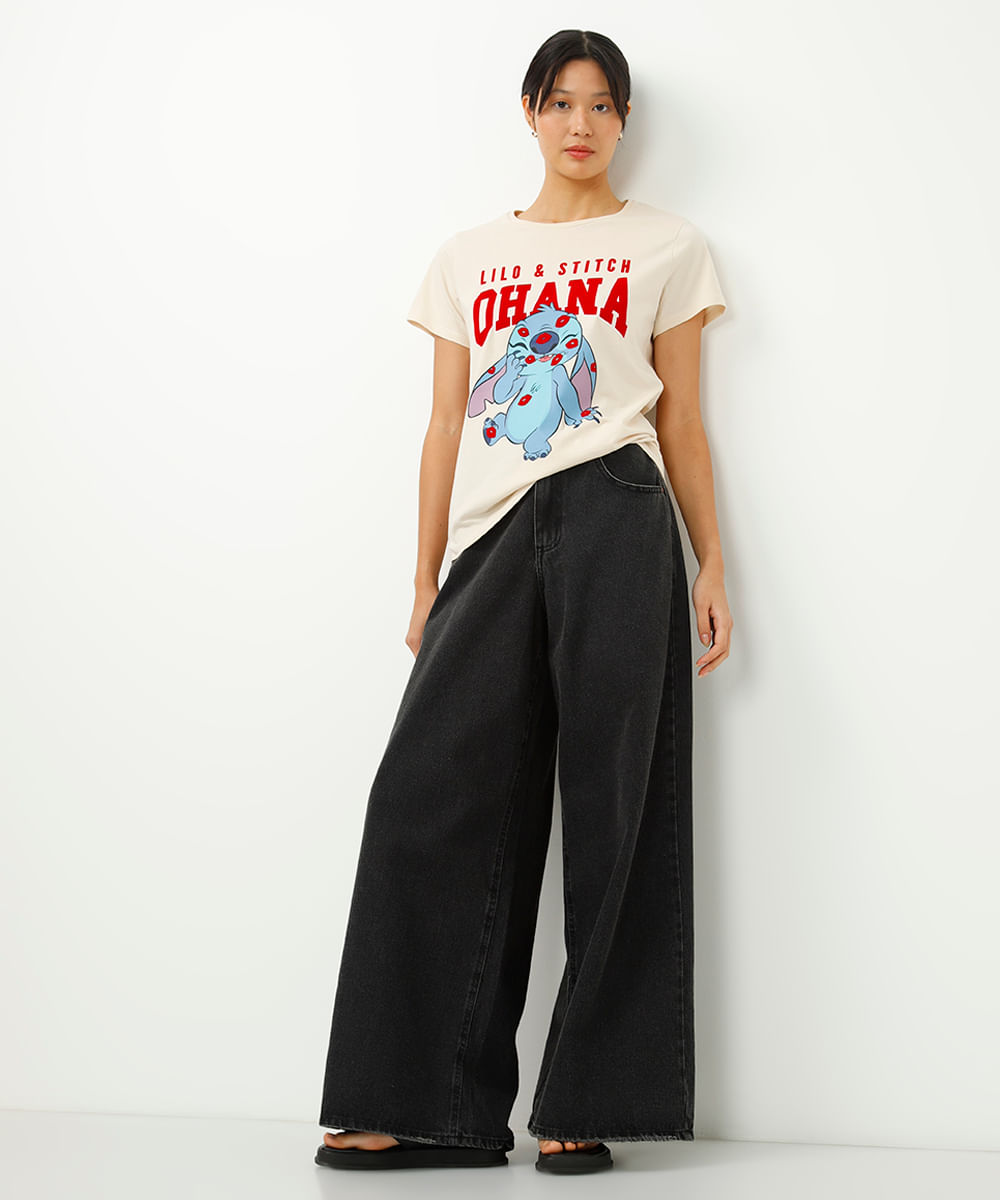 camiseta de algodão manga curta lilo e stitch bege