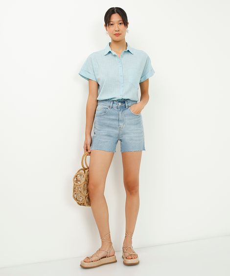 short mom jeans cintura alta azul