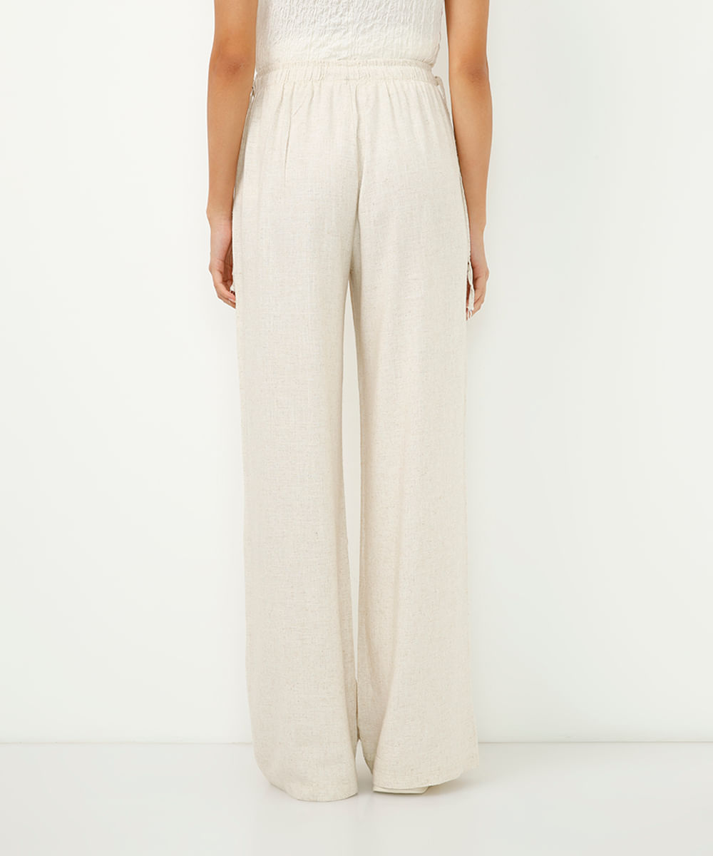 calça pantalona com linho amarração lateral bege