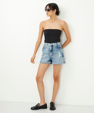 Short Jeans Feminino Mom Cintura Super Alta com Bolsos e Elástico Azul Médio