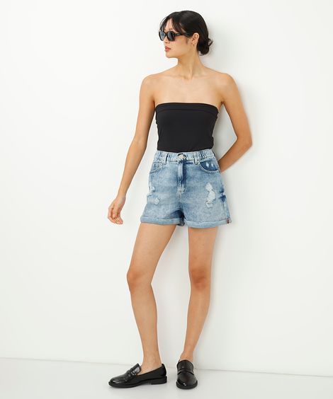 Short Jeans Feminino Mom Cintura Super Alta com Bolsos e Elástico Azul Médio