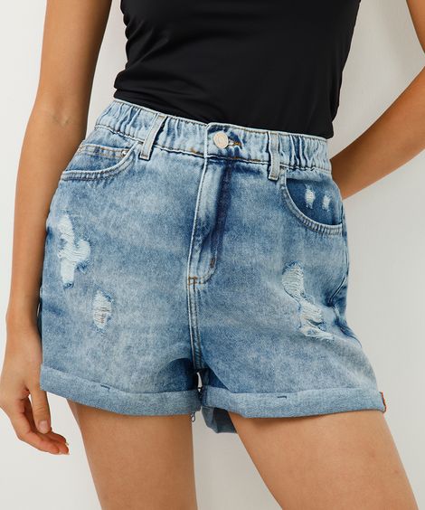 Short Jeans Feminino Mom Cintura Super Alta com Bolsos e Elástico Azul Médio