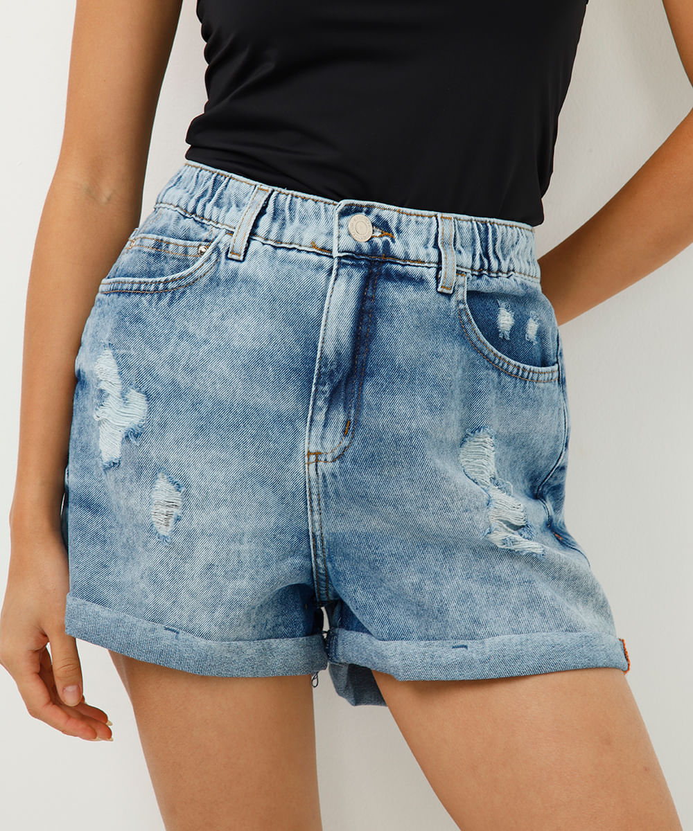 Short Jeans Feminino Mom Cintura Super Alta com Bolsos e Elástico Azul Médio