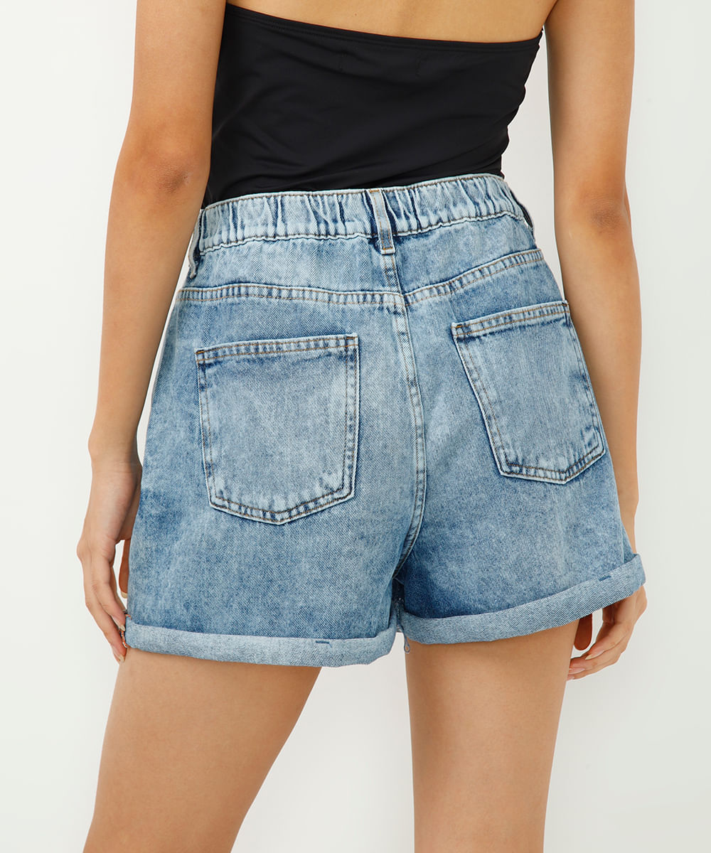 Short Jeans Feminino Mom Cintura Super Alta com Bolsos e Elástico Azul Médio